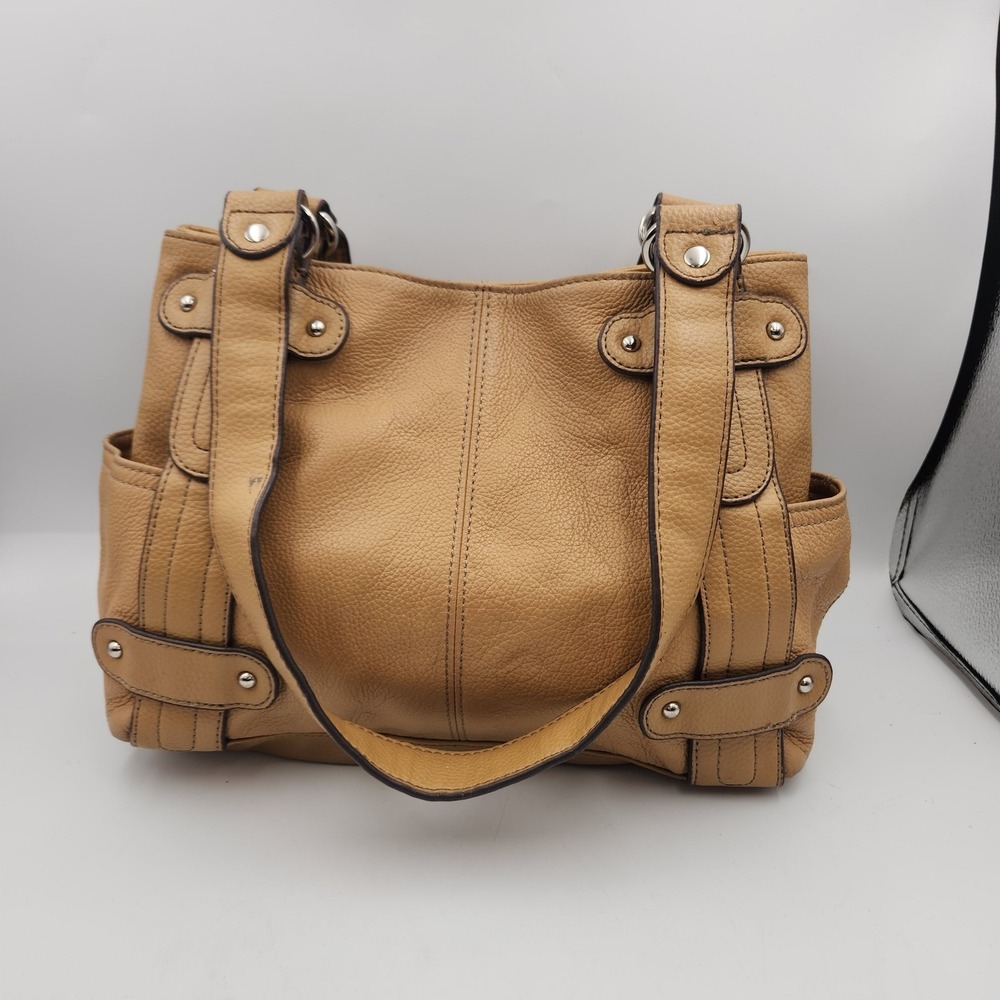 Tignanello Leather Tote Shoulder Bag Tan Brown Multi Pocket Chain Lined - Picture 2 of 16